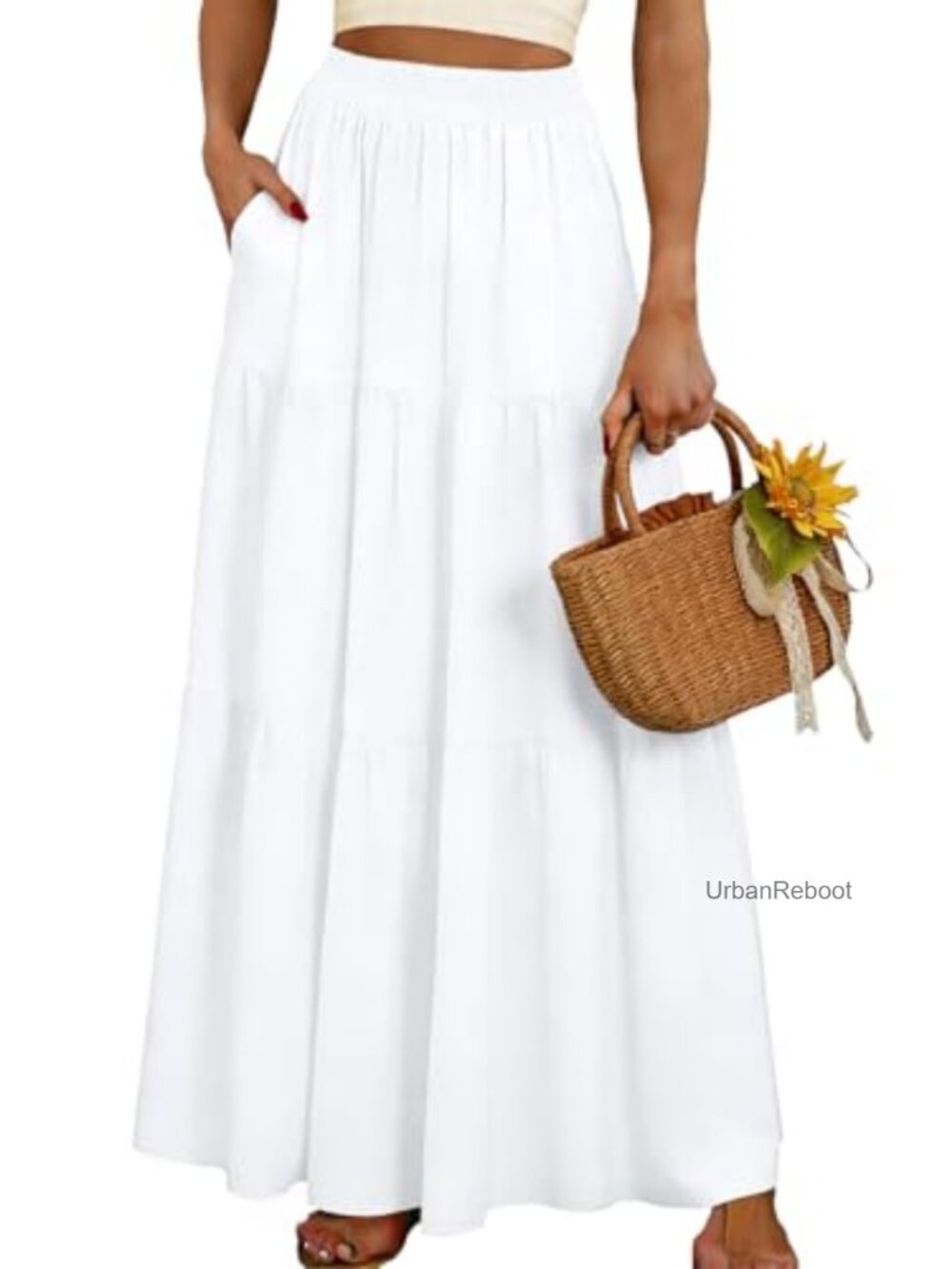 100% Rayon Boho Maxi Skirt High Waisted A-Line Flowy with Pockets